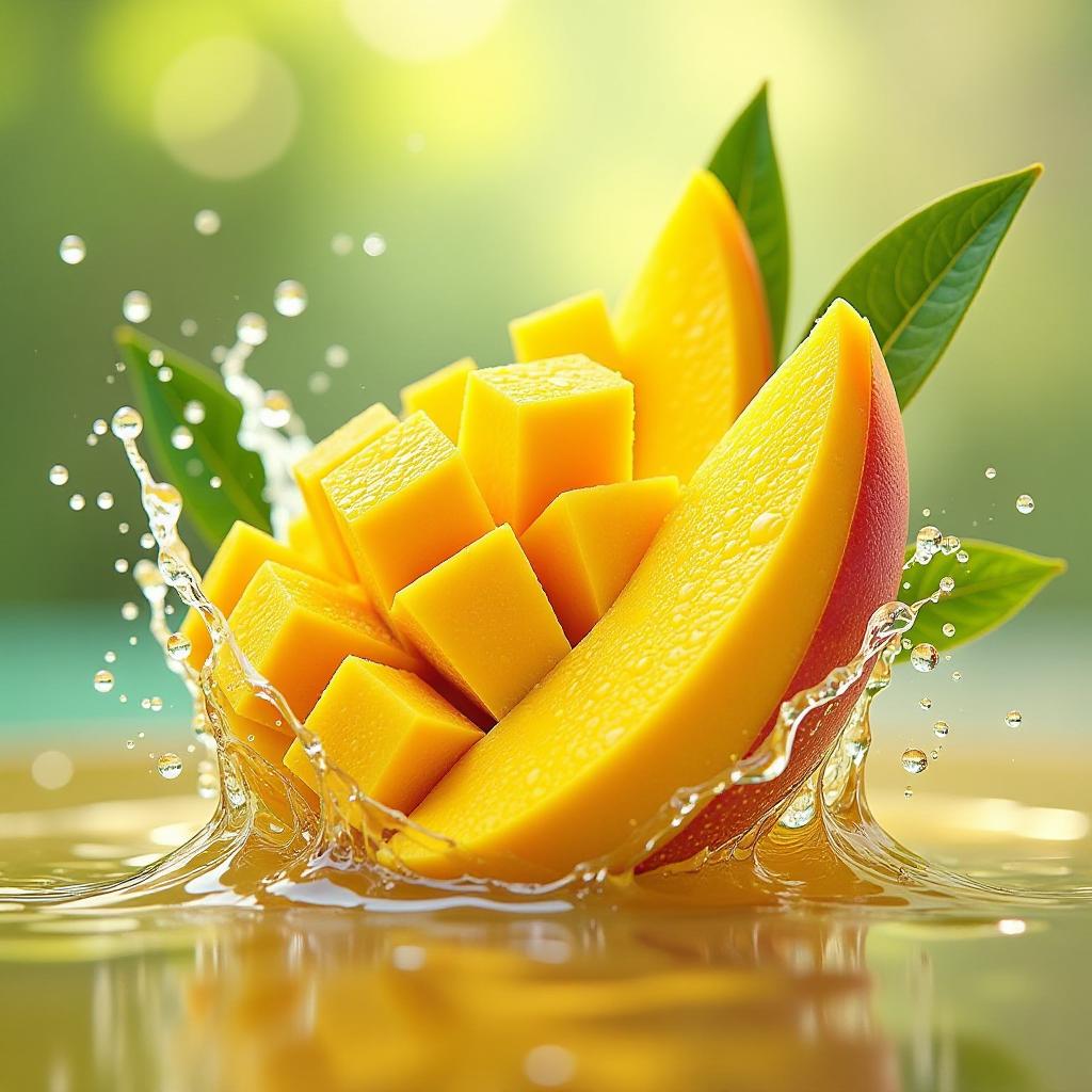  mango splash: a vibrant burst of juicy mango slices, leaves, and water droplets creates a refreshing, tropical scene. the golden hues and dynamic composition evoke a sense of summery delight., high quality, high details, hd, perfect composition, 4k epic detailed, highly detailed, sharp focus, high resolution