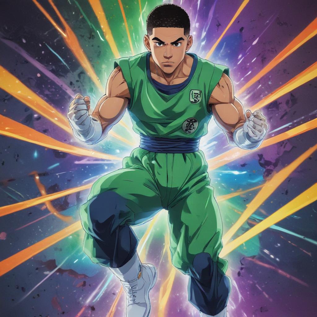 distance-shot, flashy, full-body, dynamic, holographic, animated cartoon poster of jayson tatum in the style of dragon ball super