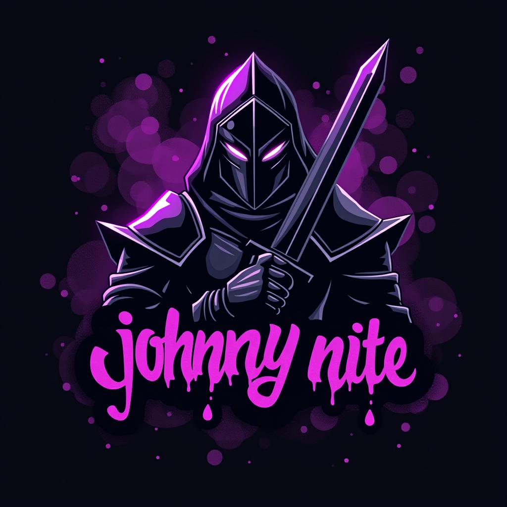  design a logo, in a realism style. knight black and purple graffiti, with the text 'johnny nite '.