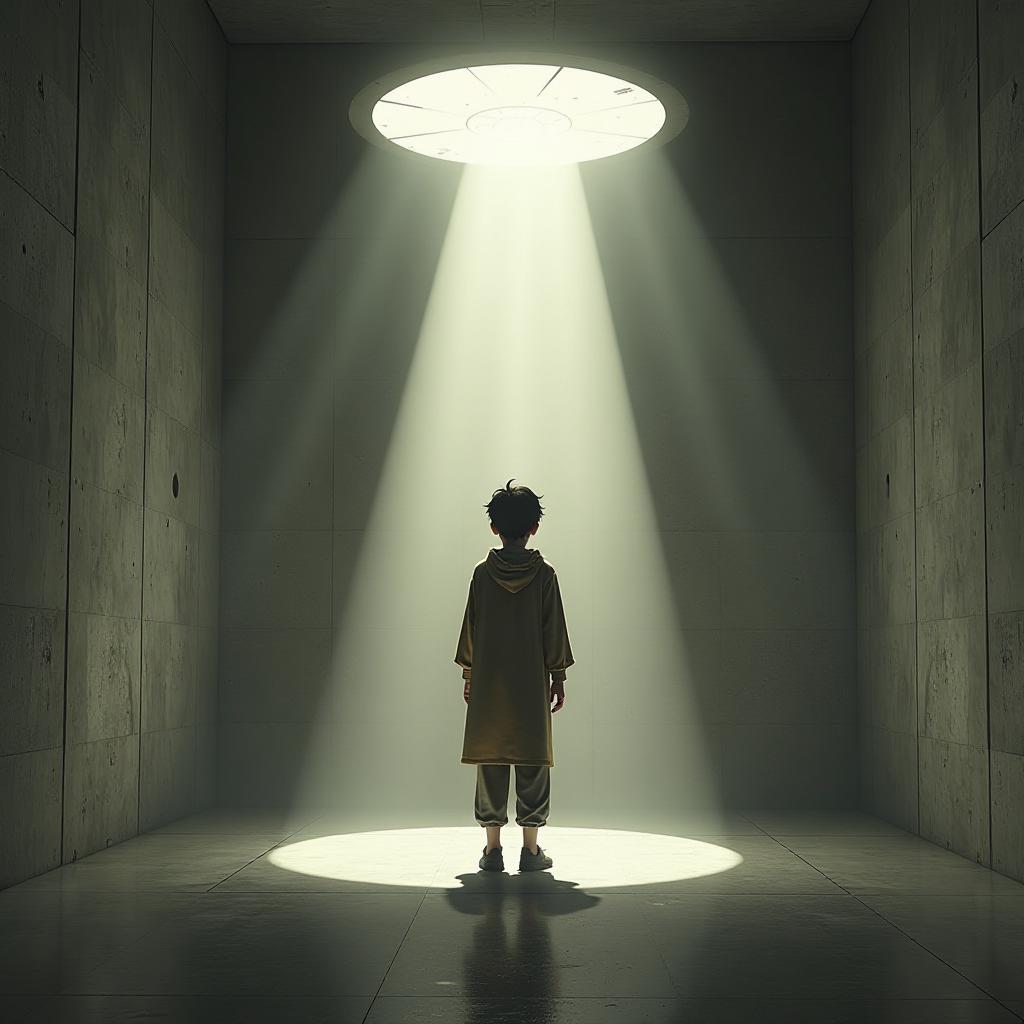  a boy that is standing in a room, unpublished photo of ufo, square enix cinematic art, concrete wall ) ], grafity, ufo, realistic photo shoot, by mary elizabeth price, korean artist, npc with a saint's halo, museum photo, unknown space, shadow polaroid photo, 2d anime style hyperrealistic, full body, detailed clothing, highly detailed, cinematic lighting, stunningly beautiful, intricate, sharp focus, f/1. 8, 85mm, (centered image composition), (professionally color graded), ((bright soft diffused light)), volumetric fog, trending on instagram, trending on tumblr, HDR 4K, 8K