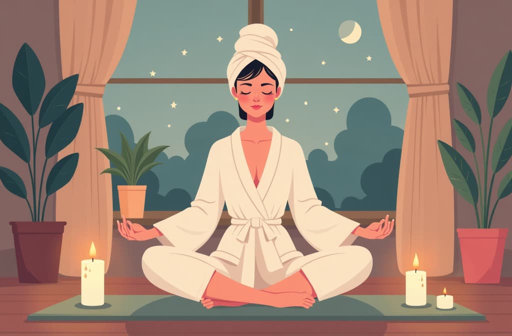  flat illustration, flaticon, (illustration:1.15), front view, young woman in white robe and white towel on head, doing yoga, meditating in cozy apartment, evening, aroma candles ar 3:2, [cory loftis, strobist, pascal campion :: 0.2]