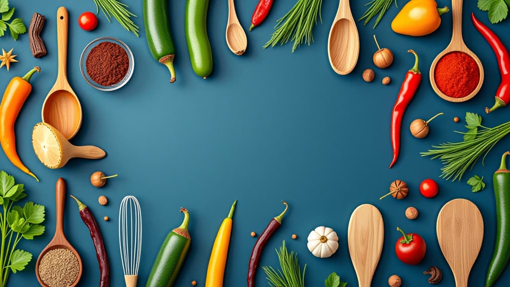  stylized vector art of kitchen spices on a blue background.