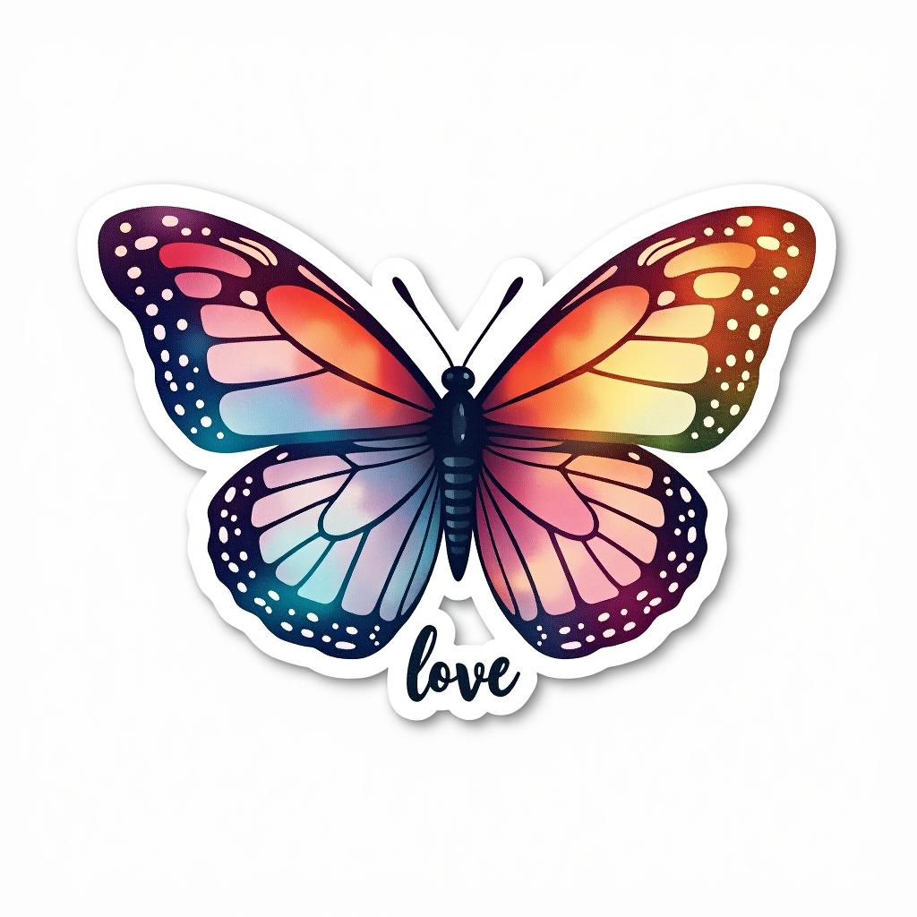  logo, custom sticker design on an isolated white background decorated by watercolor butterfly, with the text ‘love’