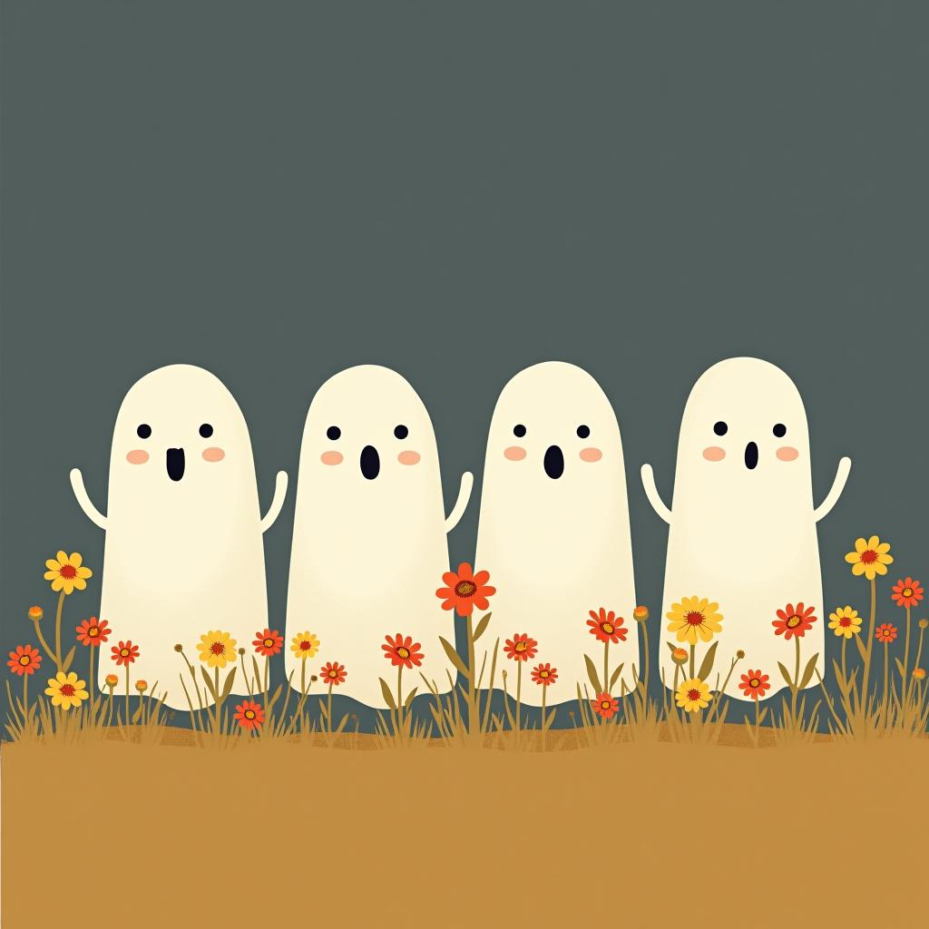  create a digital illustration featuring a row of four or five cute, cartoonish ghost characters, each with a different appearance, standing in different positions within sparse, life like wildflowers.