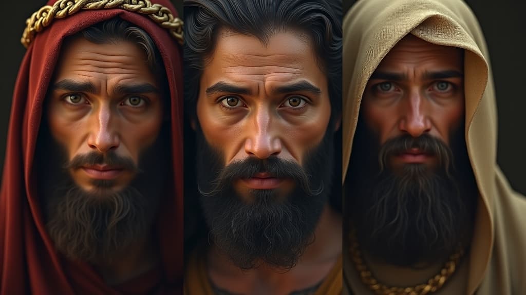  history of biblical times, an artistic portrayal of generational struggles depicted through the faces of isaac, jacob, and esau, revealing their shared destinies hyperrealistic, full body, detailed clothing, highly detailed, cinematic lighting, stunningly beautiful, intricate, sharp focus, f/1. 8, 85mm, (centered image composition), (professionally color graded), ((bright soft diffused light)), volumetric fog, trending on instagram, trending on tumblr, HDR 4K, 8K