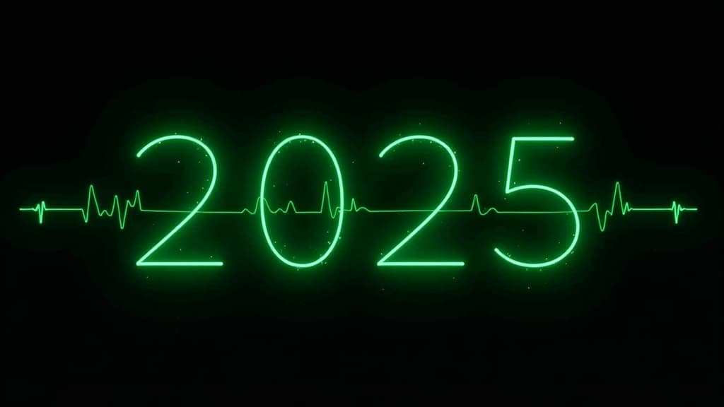  one line lettering: cardiagramm, which smoothly turns into the letters "2025", the line is continuous, as if it were written without lifting the hand, neon green on black background {prompt}, maximum details