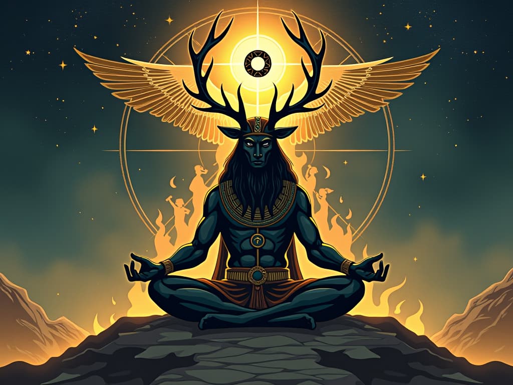  black elk meditating alone, surrounded by mystical symbols, vision of spirits around him, representing transcendent wisdom. the style is digital art illustration / modern comic book / mysterious occult, symbolic, esoteric vibe,high detail on character design, incorporating ancient egyptian symbology and attire.