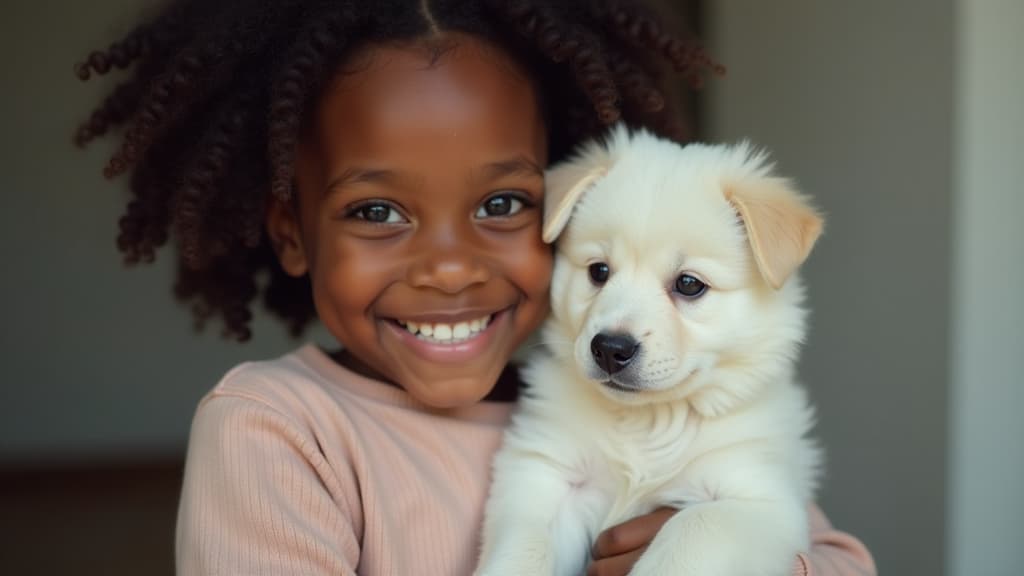  professional detailed photography, little cute dark skinned girl holding a white puppy in her arms and smiling, empty space for text on the right, close up ar 16:9, (muted colors, dim colors, soothing tones), (vsco:0.3)