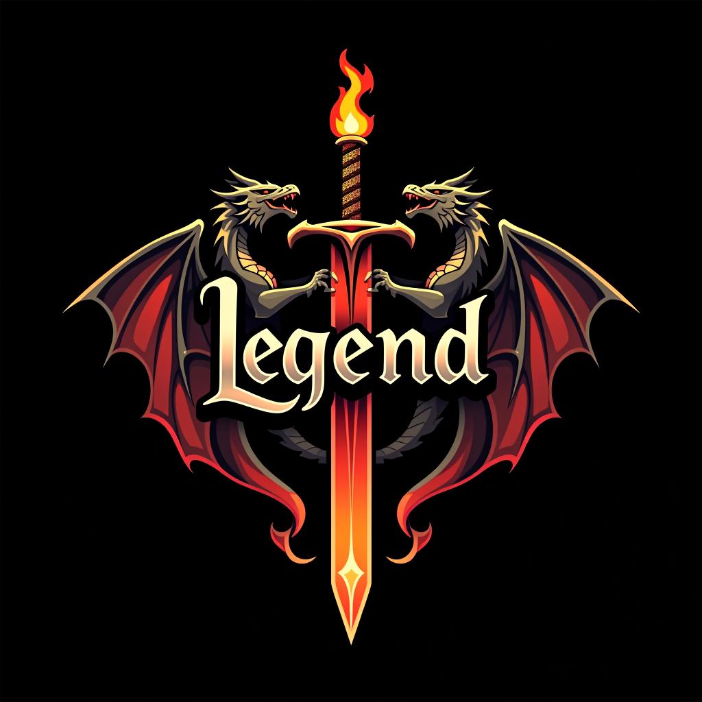  design a logo, custom sticker design on an isolated black background with the words ‘legend’ in bold font decorated by mythical dragons and a flaming sword