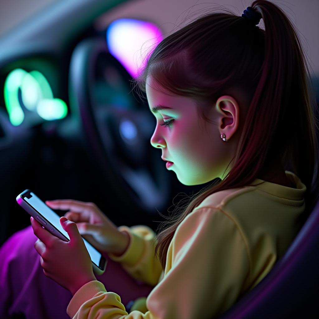  a girl is sitting and looking at my driving school social media fresh (purple green colors), the phone screen and parts of her body are more visible.