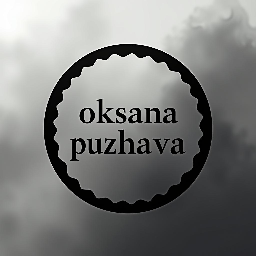  a round logo in a modern style, in black color, without patterns, against a beautiful smoke background. the inscription in a semicircle reads "oksana puzhaeva."