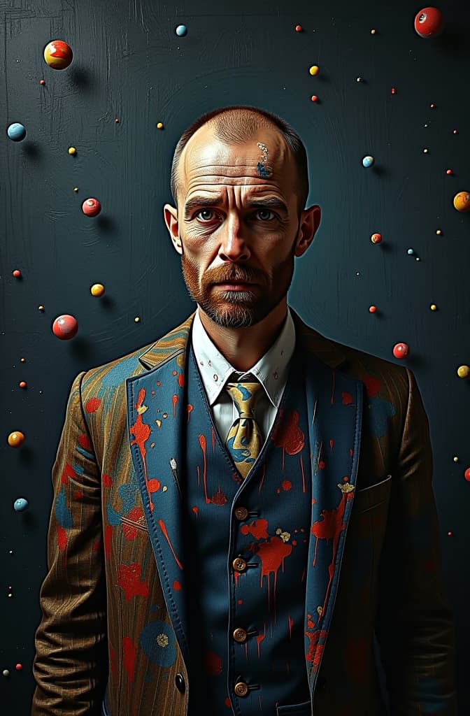  a dark background with splattered paint and spheres, high quality high detail painting by lucian freud, hd, photorealistic lighting, style of van gogh hyperrealistic, full body, detailed clothing, highly detailed, cinematic lighting, stunningly beautiful, intricate, sharp focus, f/1. 8, 85mm, (centered image composition), (professionally color graded), ((bright soft diffused light)), volumetric fog, trending on instagram, trending on tumblr, HDR 4K, 8K