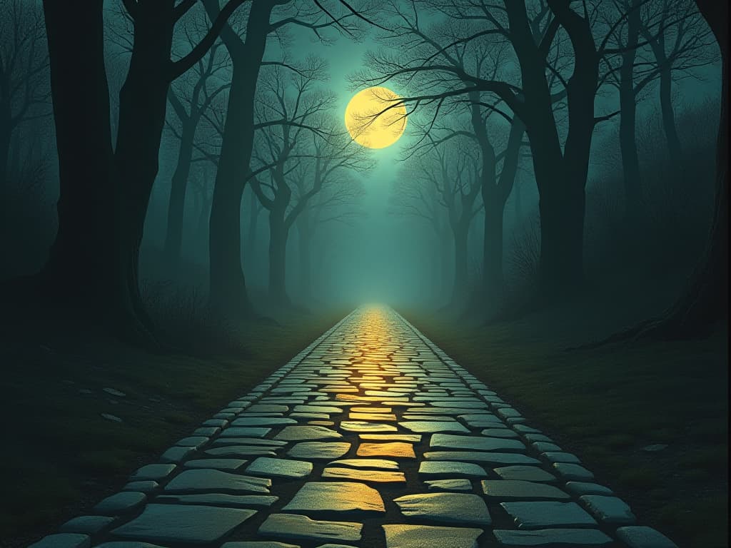  glowing path of purpose, cobblestone texture, faintly radiant with moonlight, serene and mystical. an illustration in the style of a worn, mystical old tarot trump card, mysterious and elements of surrealism. the colors are muted, somber and eerie, but with contrast bring out an occult and esoteric vibe.