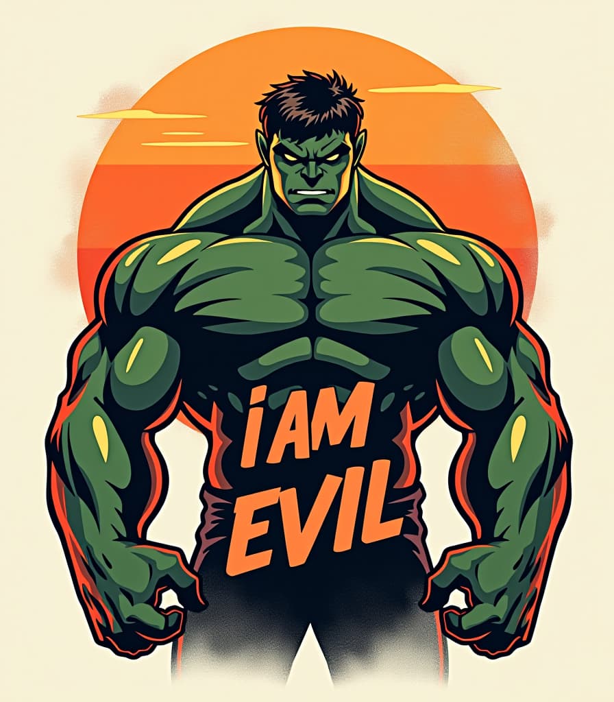  vector t shirt design in vintage style, bold retro and orange sunset colors, black style design, cute cartoon hulk, with the text “i am evil”, typography, kawaii style on a snow white background, illustration, typography hyperrealistic, full body, detailed clothing, highly detailed, cinematic lighting, stunningly beautiful, intricate, sharp focus, f/1. 8, 85mm, (centered image composition), (professionally color graded), ((bright soft diffused light)), volumetric fog, trending on instagram, trending on tumblr, HDR 4K, 8K