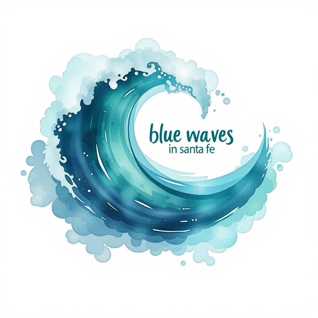  design a logo, watercolor style, logo, sea, blue teal colors, white background, with the text 'blue waves in santa fe'.