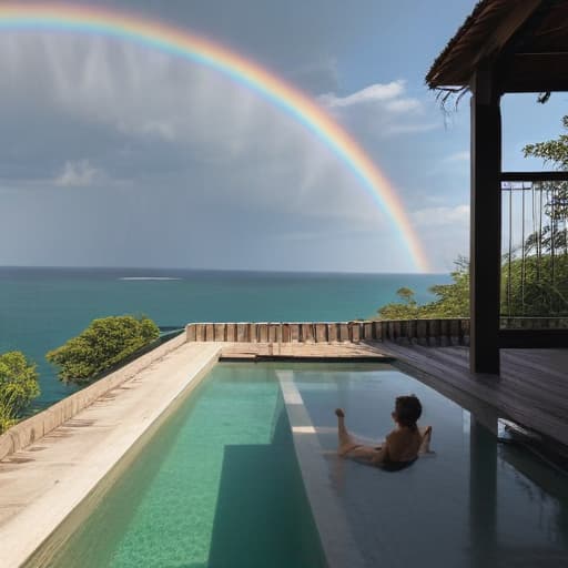 Draw a girl who’s going to swim. The scene takes place in a swiming pool of a roof top appartement in koh phiphi. We can see the viewpoint and a rainbow in the Sky. The girl hold in her right hand a long handmade cigarette.