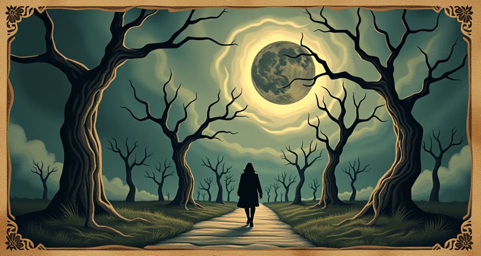  a figure walking on a path lined with strange, twisted trees, under a sky filled with swirling clouds, melancholic, mystic. an illustration in the style of a worn, mystical old tarot trump card, mysterious and elements of surrealism. the colors are muted, somber and eerie, but with contrast bring out an occult and esoteric vibe.