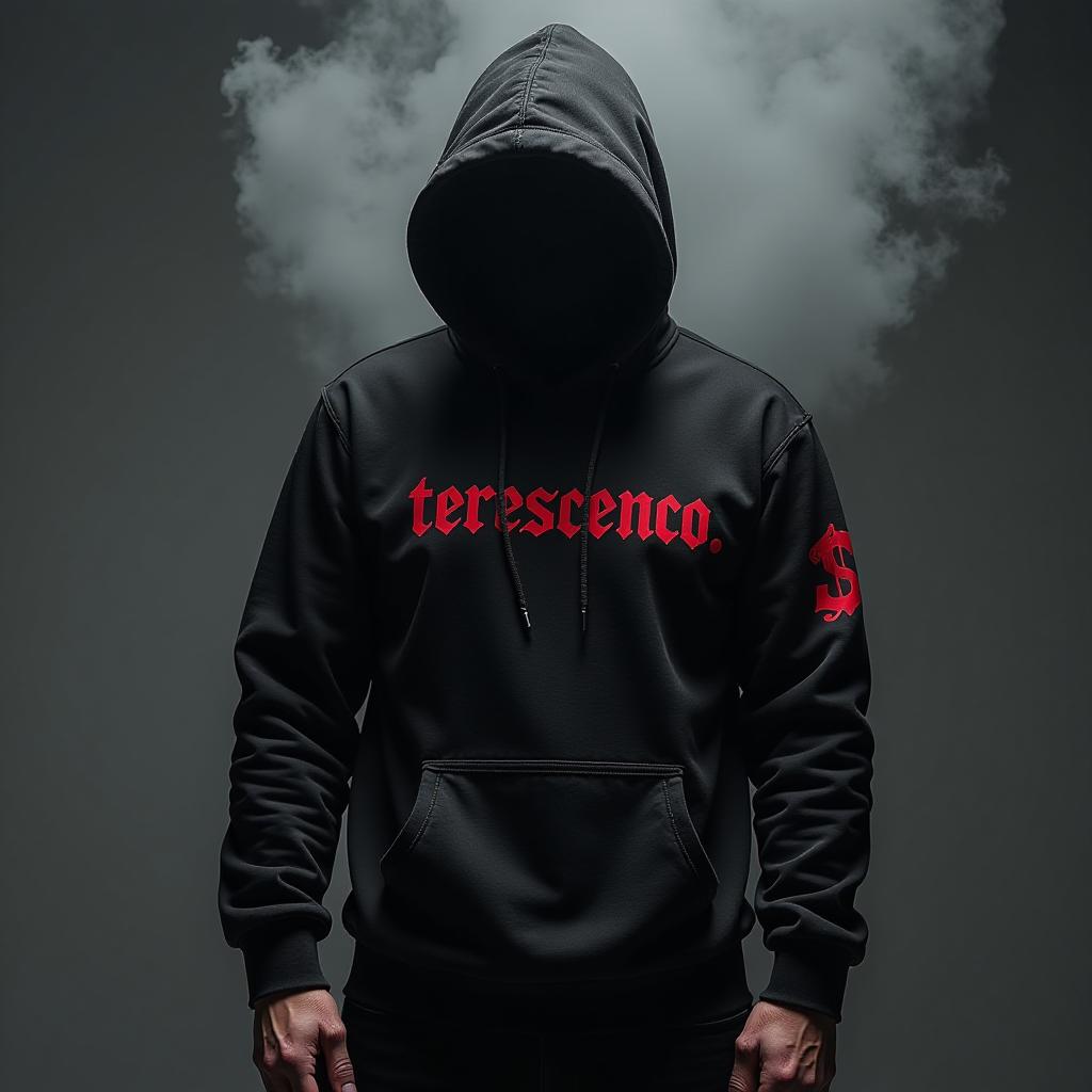  a black hoodie with the name terescenco in an aggressive style, featuring red, black, and white colors. hyperrealistic, full body, detailed clothing, highly detailed, cinematic lighting, stunningly beautiful, intricate, sharp focus, f/1. 8, 85mm, (centered image composition), (professionally color graded), ((bright soft diffused light)), volumetric fog, trending on instagram, trending on tumblr, HDR 4K, 8K