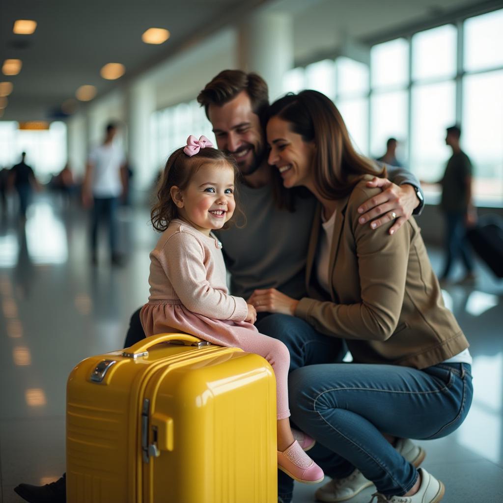  professional detailed photography, happy girl sitting on baby yellow suitcase, mom and dad hugging nearby, airport, (muted colors, dim colors, soothing tones), (vsco:0.3)