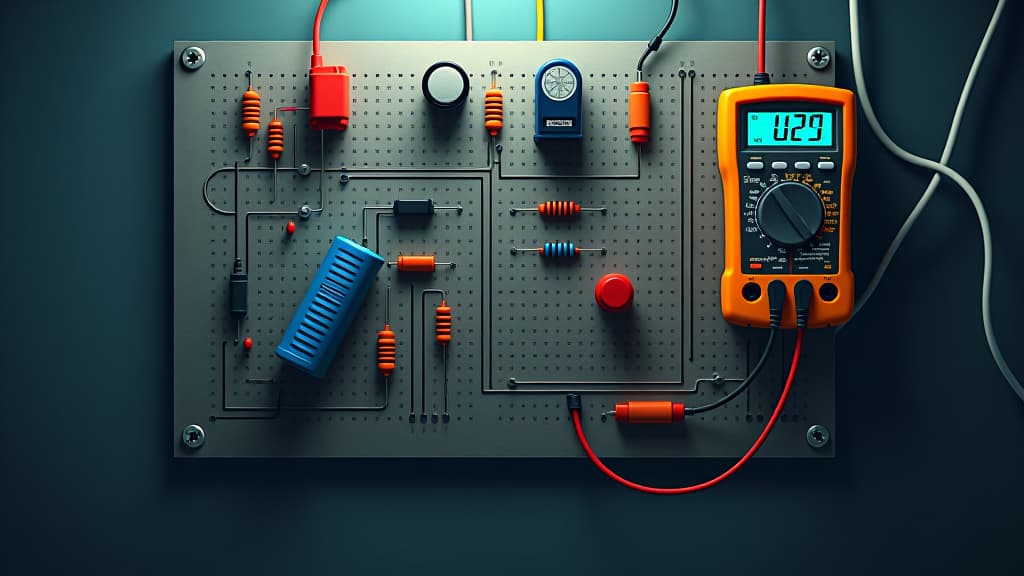  , an illustration of a simple circuit diagram showcasing the connections between batteries, resistors, and measuring instruments. hyperrealistic, full body, detailed clothing, highly detailed, cinematic lighting, stunningly beautiful, intricate, sharp focus, f/1. 8, 85mm, (centered image composition), (professionally color graded), ((bright soft diffused light)), volumetric fog, trending on instagram, trending on tumblr, HDR 4K, 8K