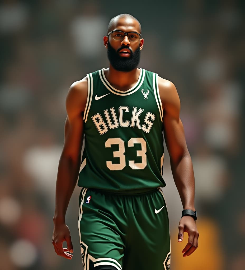  kareem abdul jabbar in 20's wearing his bucks jersey no. 33 that has side beard and wearing sport glasses walking side view like in human evolutions whole body from head to shoes, high quality, high details, hd, perfect composition, 4k epic detailed, highly detailed, sharp focus, high resolution