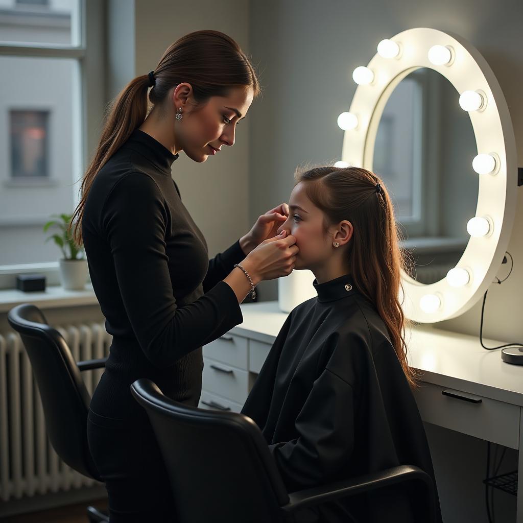  a female hairdresser is cutting the hair of a girl with brown hair. the client is sitting in a black chair in front of her. there is a white workstation with lights around the mirror, and next to it stands a trolley and a ring light. hyperrealistic, full body, detailed clothing, highly detailed, cinematic lighting, stunningly beautiful, intricate, sharp focus, f/1. 8, 85mm, (centered image composition), (professionally color graded), ((bright soft diffused light)), volumetric fog, trending on instagram, trending on tumblr, HDR 4K, 8K