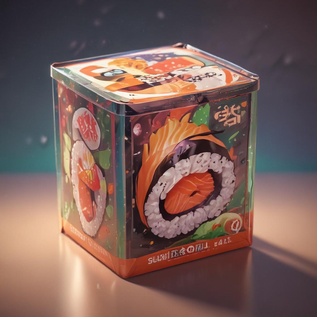 distance-shot, flashy, full-body, dynamic, holographic, animated cartoon poster of a take-out box of sushi in the style of dragon ball super