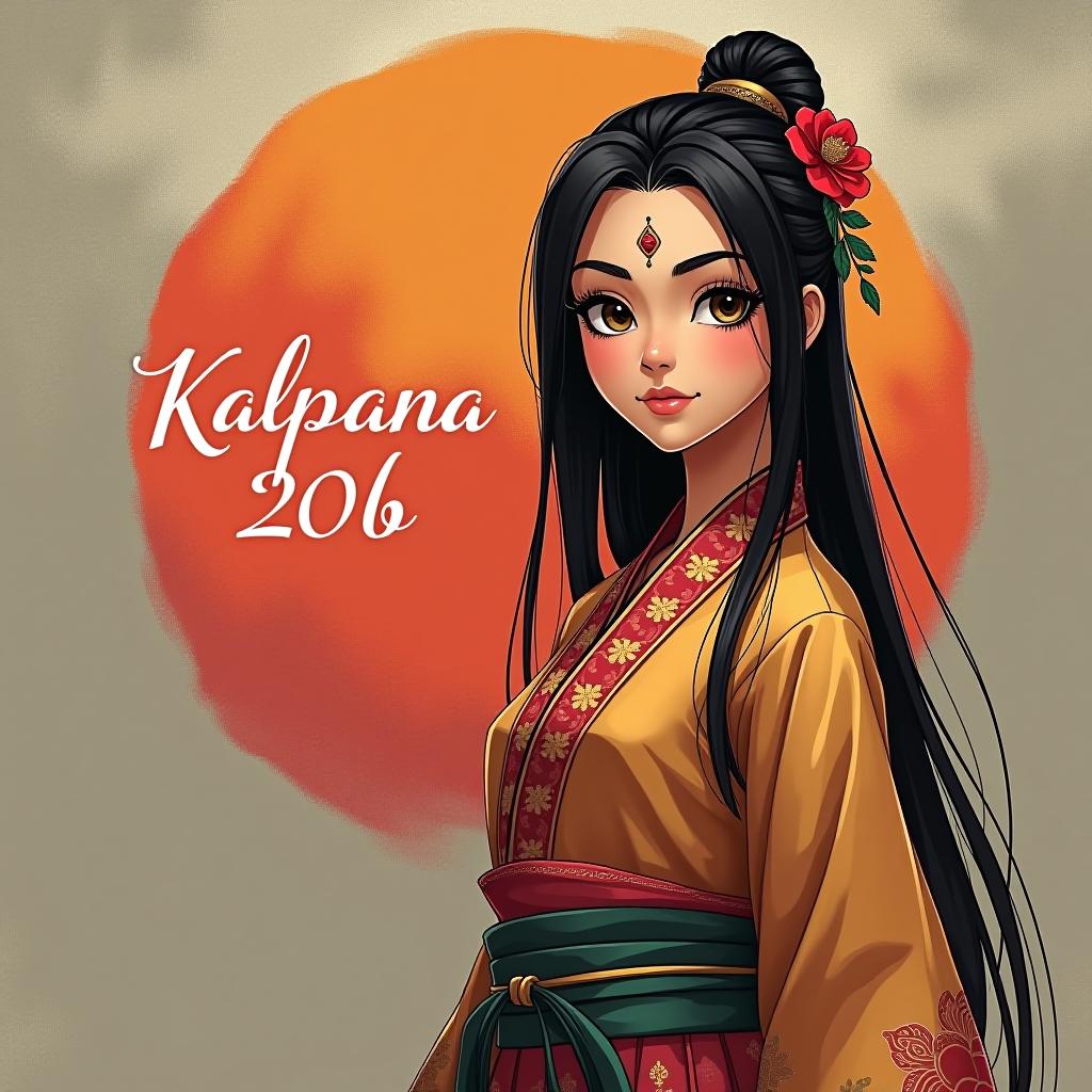  a fair skinned indian girl with an appearance that resembles a indian character, wearing traditional indian attire with modern influences. she has large expressive eyes, straight black hair styled in a blend of traditional indian and modern japanese fashion, and a calm, confident expression. the girl is standing in a dynamic pose, with the text ‘kalpana 20b’ elegantly displayed as a logo near her, possibly in a calligraphic or stylish font. the background is a blend of indian and japanese cultural elements, symbolizing her unique identity