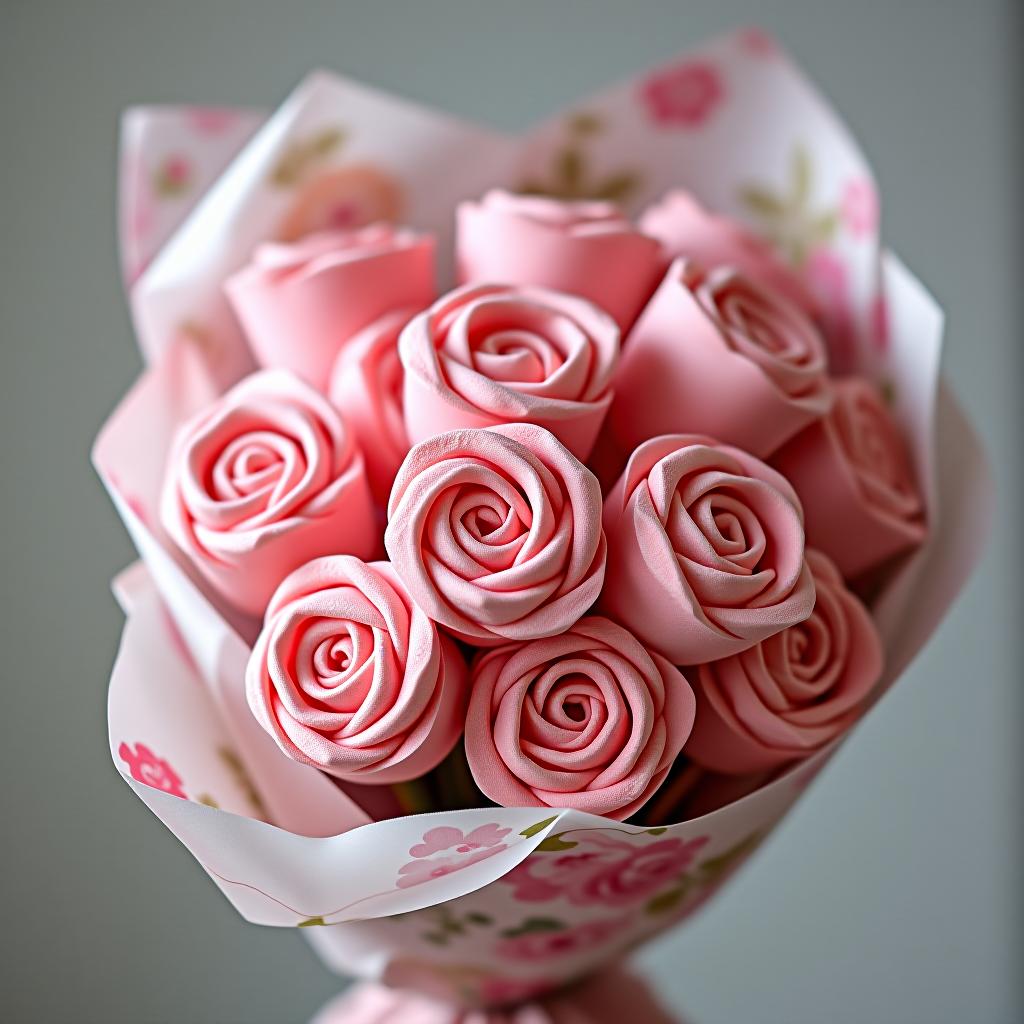  a bouquet of marshmallow flowers wrapped in floral film in shades of pink.