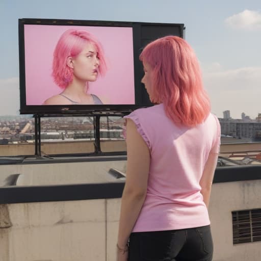 a lady with pink middle length hair stand on the rooftop looking at a picture of transgender lady that looks like her on the billboard