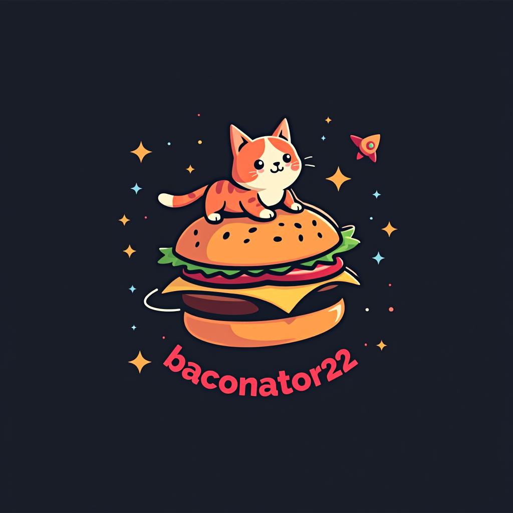  design a logo, a cat on top of a a burger flying through space, with the text 'baconator420'.