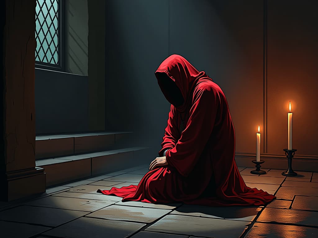  monk in tattered red robes, kneeling in candle lit room, shadows on walls, air of contemplation and grappling with reality. the style is digital art illustration / modern comic book / graphic dark novel fantasy and mysterious occult, symbolic, moody lighting, esoteric vibe,high detail on character design. for the color scheme emphasize blacks and reds.