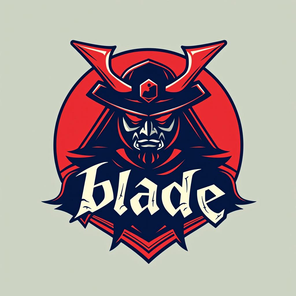  design a logo, emblem logo, with the written text ‘blade’, samurai theme, red and blue.