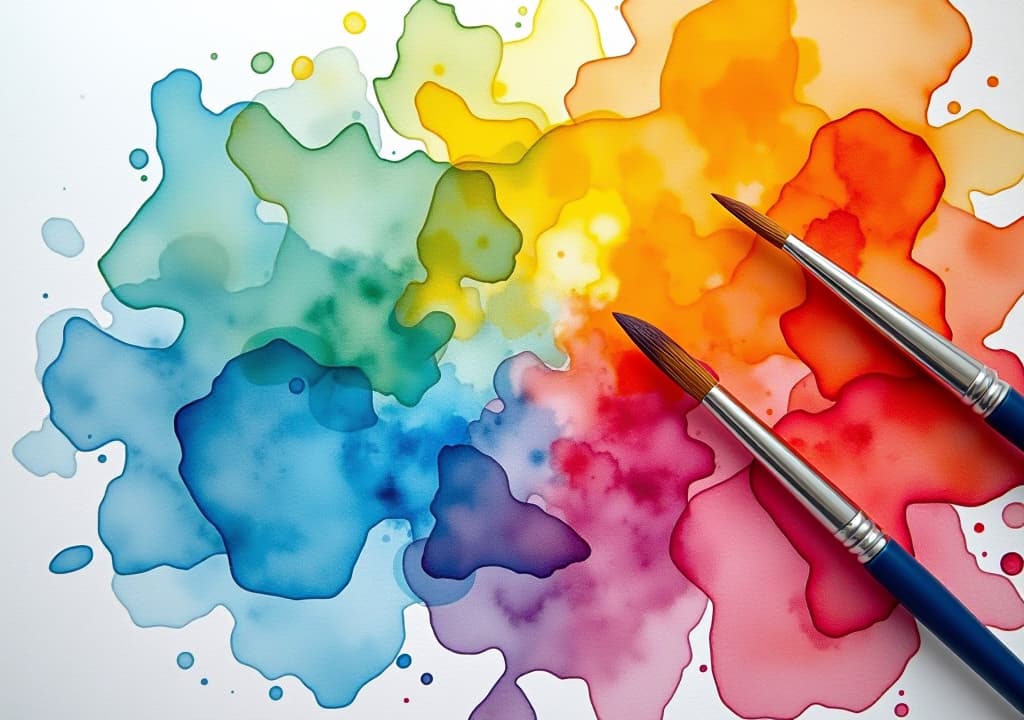  vibrant watercolor palette with brush, showcasing bright colors and artistic creativity on a textured background