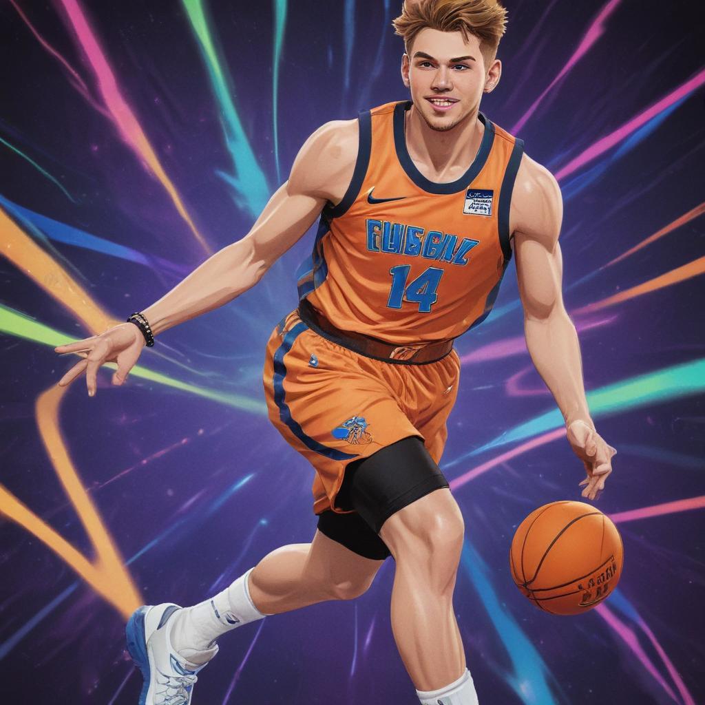 distance-shot, flashy, full-body, dynamic, holographic, animated cartoon poster of luka doncic in the style of dragon ball super