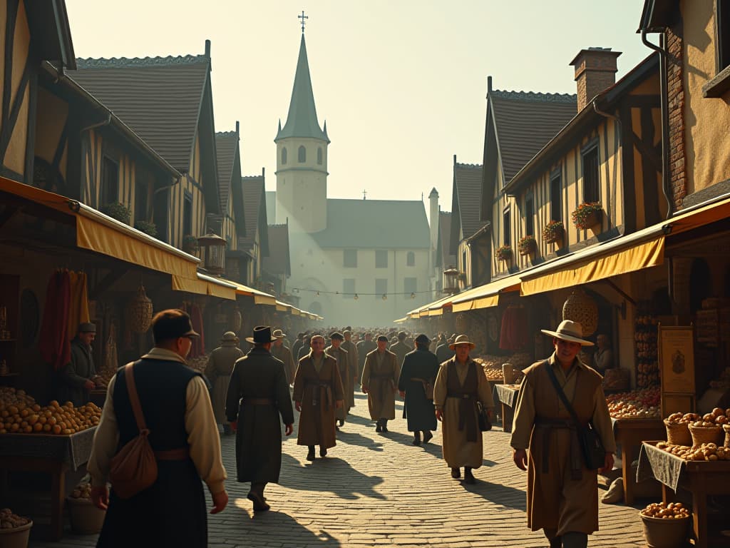  a bustling medieval market square, with vendors selling goods and townsfolk in period attire, detailed and lively, warm tones. hyperrealistic, full body, detailed clothing, highly detailed, cinematic lighting, stunningly beautiful, intricate, sharp focus, f/1. 8, 85mm, (centered image composition), (professionally color graded), ((bright soft diffused light)), volumetric fog, trending on instagram, trending on tumblr, HDR 4K, 8K