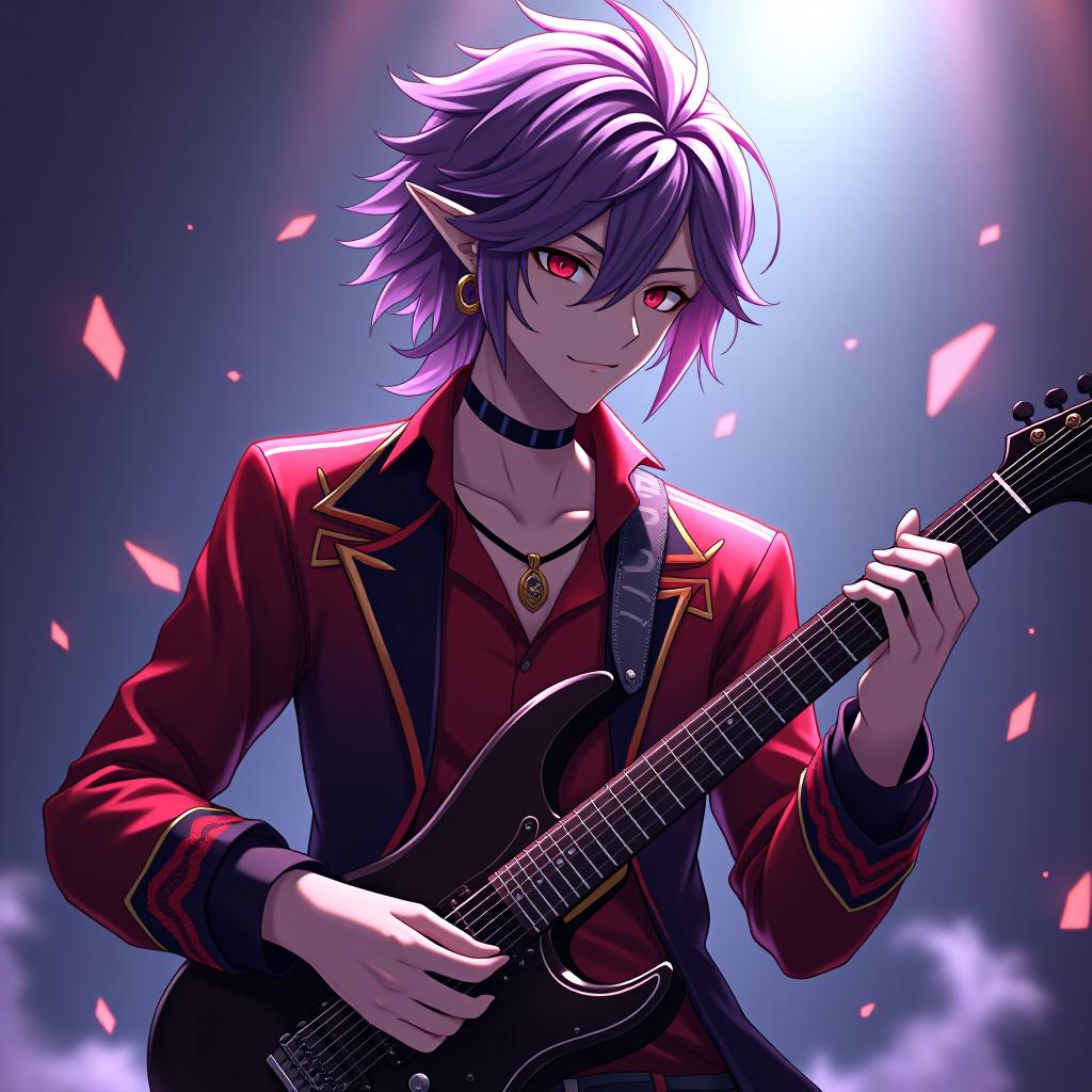  anime artwork dark elf is a male rock performer with a guitar in both hands marble white skin, purple scarlet hair, lavender eyes with a red tint, dressed in a red purple shirt embroidered with red gold, over the shirt he wears a semi jacket with a dark scarlet snake skin trim, hairstyle in the style of "hedgehog." there is an earring in the shape of a month in the right ear. crescent moon tattoo . anime style, key visual, vibrant, studio anime, highly detailed hyperrealistic, full body, detailed clothing, highly detailed, cinematic lighting, stunningly beautiful, intricate, sharp focus, f/1. 8, 85mm, (centered image composition), (professionally color graded), ((bright soft diffused light)), volumetric fog, trending on instagram, trending on tumblr, HDR 4K, 8K