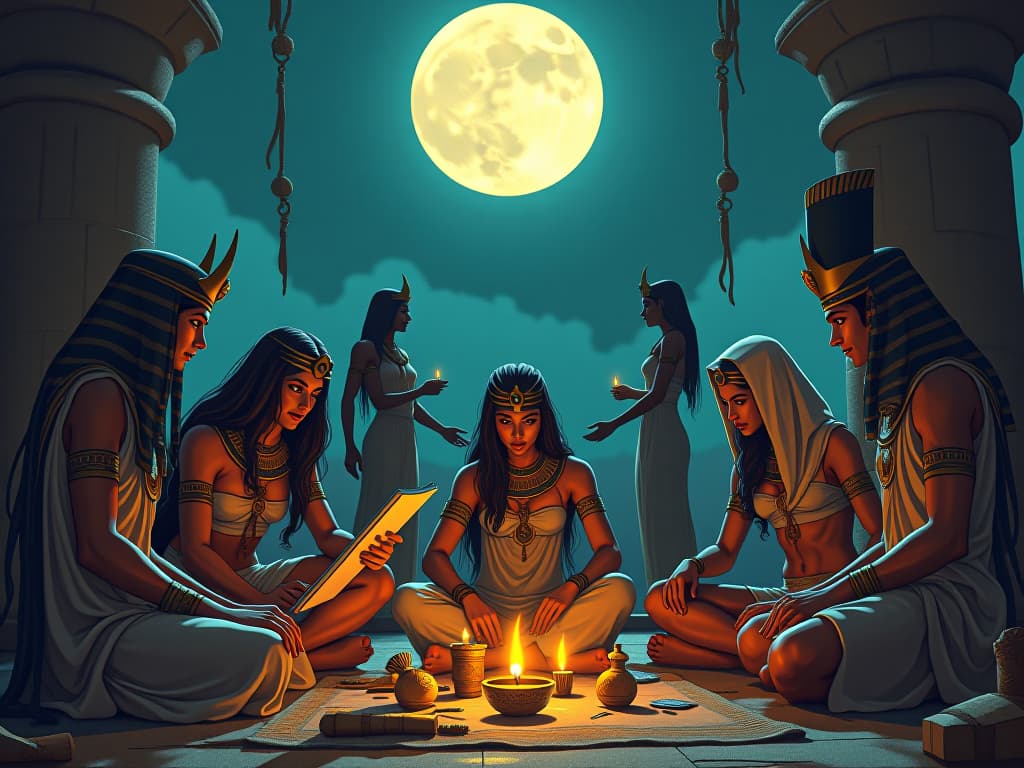  group of artists in ceremonial egyptian garb, gathered under the full moon, engaged in painting, sculpting and writing, inspired and imaginative ambiance. the style is digital art illustration / modern comic book / mysterious occult, symbolic, esoteric vibe,high detail on character design, incorporating ancient egyptian symbology and attire.