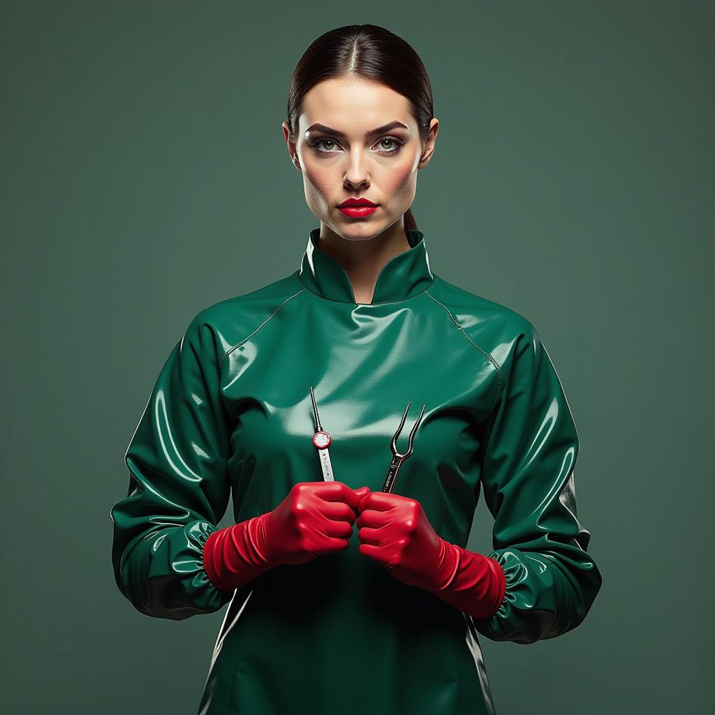  evil lady female surgeon, dressed in glossy latex three colored, dark green, dark blue, red, standing in a sterile posture of readiness of the surgeon, hands in front of her, slightly bent at the elbows, hands parallel, palms against each other, fingers bent, hands in surgical gloves, in his left hand clutches the forceps of the "elastator", in his right hand clutches the forceps with bladed spongs "burdits"