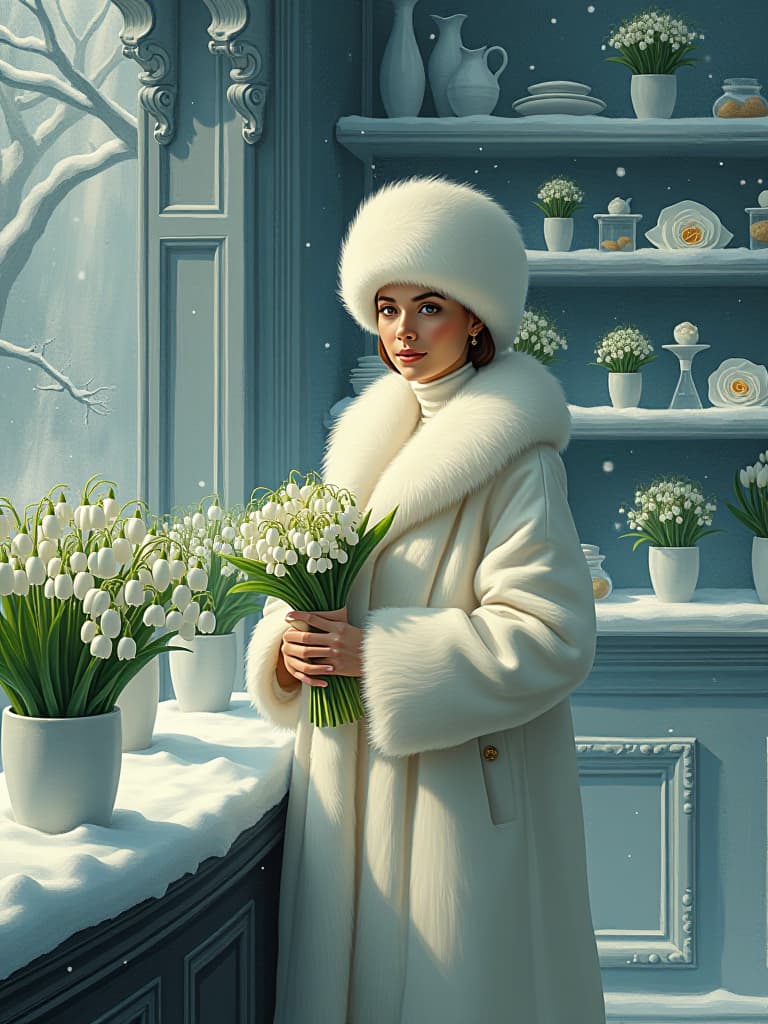  concept art (masterpiece, oil painting), surreal realism, a snow covered flower shop covered with snow and ice, a beautiful saleswoman in a white mink fur coat and a white fur hat (snow maiden:1.0) stands behind the counter and holds a bouquet of white snowdrops in his hands, (looks at the camera, intense close up:1.4), there are white flowers on the shelves in white icy pots around the store lilies of the valley, snowdrops, white tulips and white roses, everything is covered with ice and snow, it is snowing fine, dali style, surrealist art, dreamlike, mysterious, provocative, symbolic, intracate, detailed, lucas cranach the elder, peter brueghel, albrecht durer. every detail is rich in symbolism and meaning, a masterpiece, high detail, 8