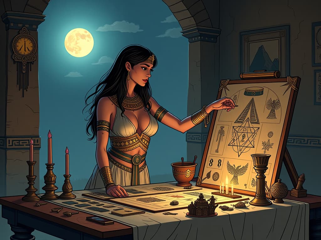  craft table under the full moon, covered in various ancient egyptian trinkets and symbols, large busted priestess in sheer linen carefully placing items on a vision board, scene of tangible dream manifestation. the style is digital art illustration / modern comic book / mysterious occult, symbolic, esoteric vibe,high detail on character design, incorporating ancient egyptian symbology and attire.