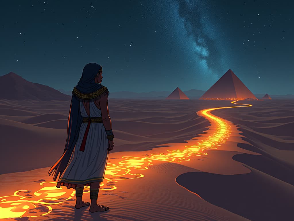  pathways of glowing light tracing across the desert, linking sacred sites under a starry sky. the style is digital art illustration / modern comic book / mysterious occult, symbolic, esoteric vibe,high detail on character design, incorporating ancient egyptian symbology and attire.