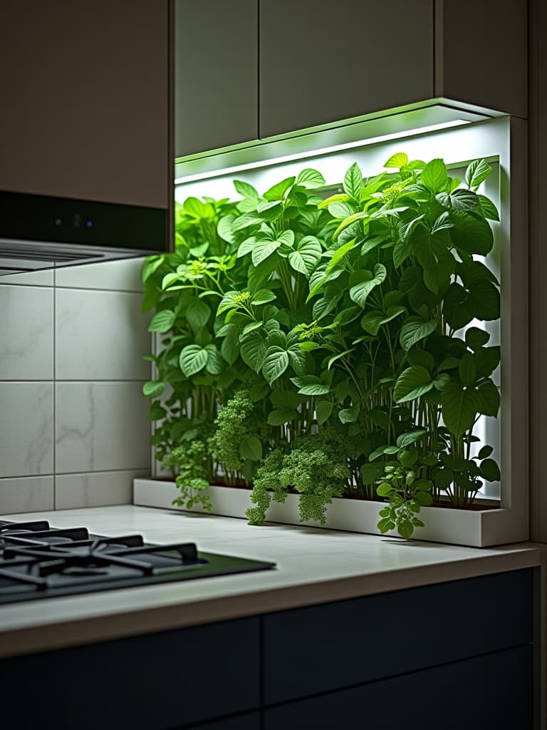  high quality portrait photo of a small kitchen corner featuring a vertical herb garden integrated into the backsplash, with built in led grow lights and a sleek watering system hyperrealistic, full body, detailed clothing, highly detailed, cinematic lighting, stunningly beautiful, intricate, sharp focus, f/1. 8, 85mm, (centered image composition), (professionally color graded), ((bright soft diffused light)), volumetric fog, trending on instagram, trending on tumblr, HDR 4K, 8K