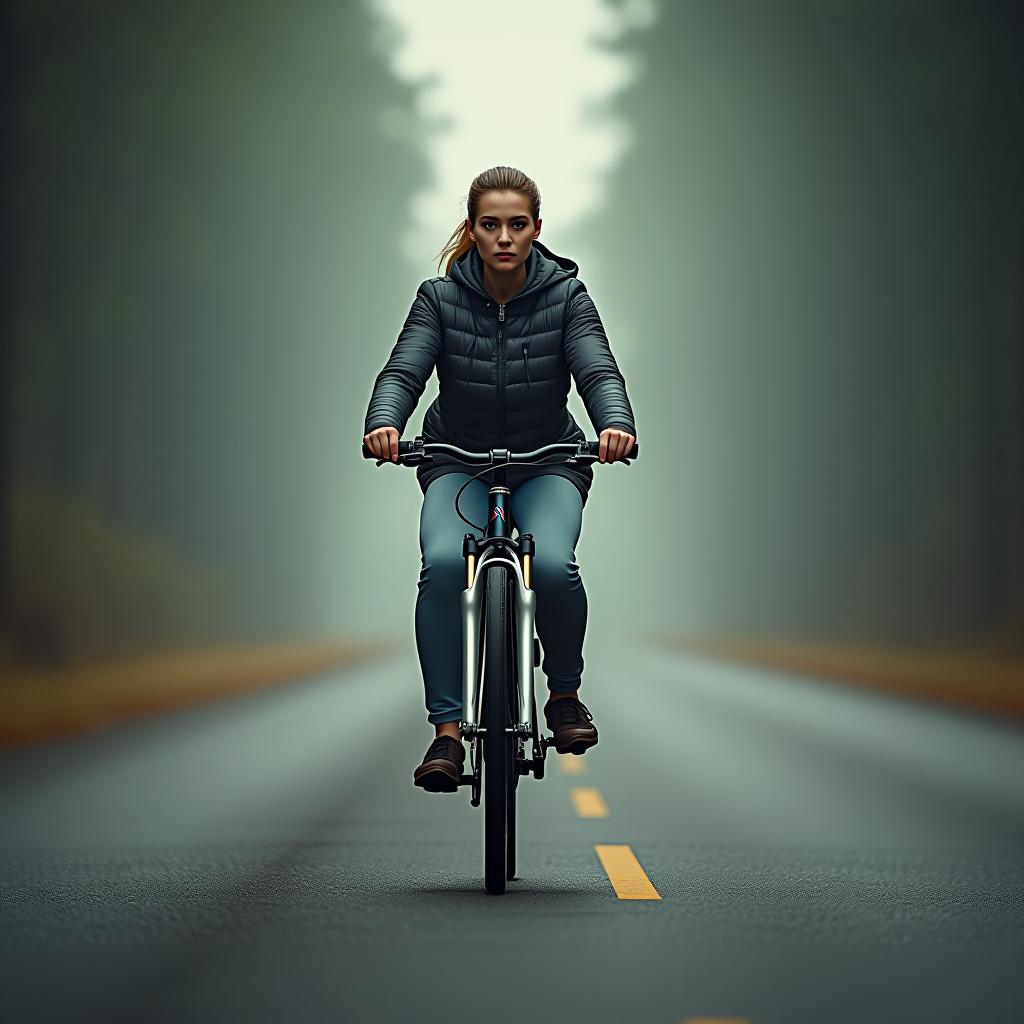  the woman ride bicycle on road hyperrealistic, full body, detailed clothing, highly detailed, cinematic lighting, stunningly beautiful, intricate, sharp focus, f/1. 8, 85mm, (centered image composition), (professionally color graded), ((bright soft diffused light)), volumetric fog, trending on instagram, trending on tumblr, HDR 4K, 8K