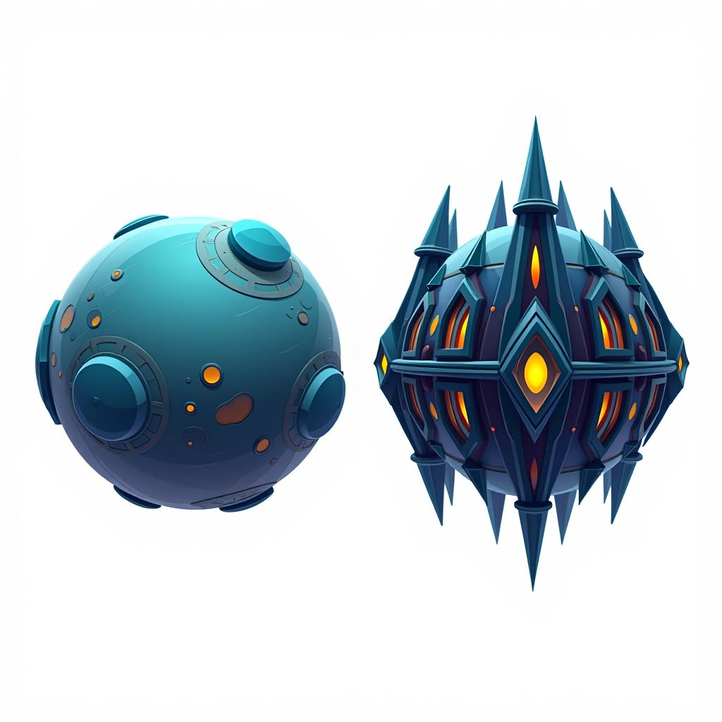  white background. left side: a simple vector graphic showing a hyper realistic alien planet's front view with mysterious structures and bioluminescent patches. right side: back view of the same planet, maintaining high detail and consistency. both views should depict the same materials and feature fantasy elements like glowing areas and unique architectural forms. cartoon and disney style. the views share the same object.