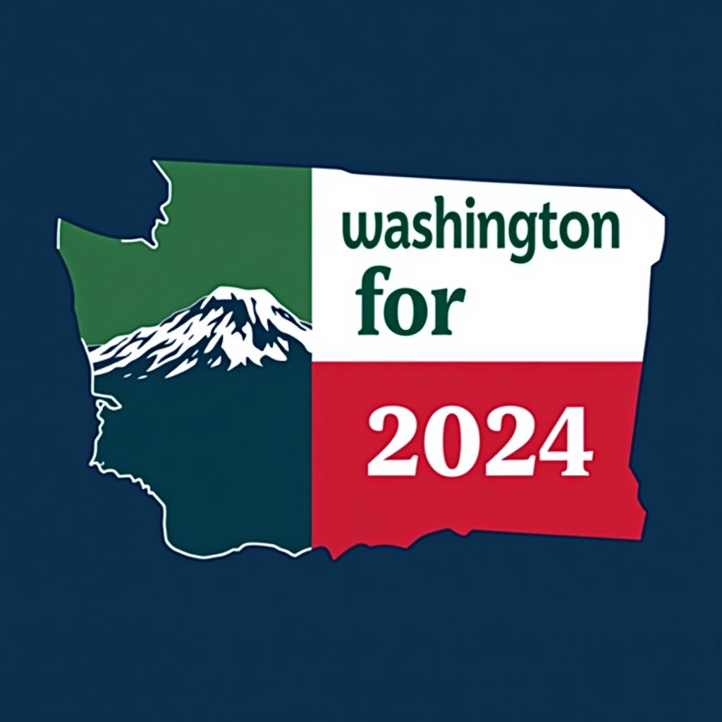  a tshirt design inspired by the washington state flag. the left side features a green vertical stripe with a large mountain in the center. the right side is divided into two horizontal sections: the top section is white with the text 'washington for' in bold, green, uppercase letters, and the bottom section is red with the text 'harris walz 2024' in bold, white, uppercase letters. the overall layout is clean and straightforward, with a clear and patriotic color scheme of blue, white, and red.