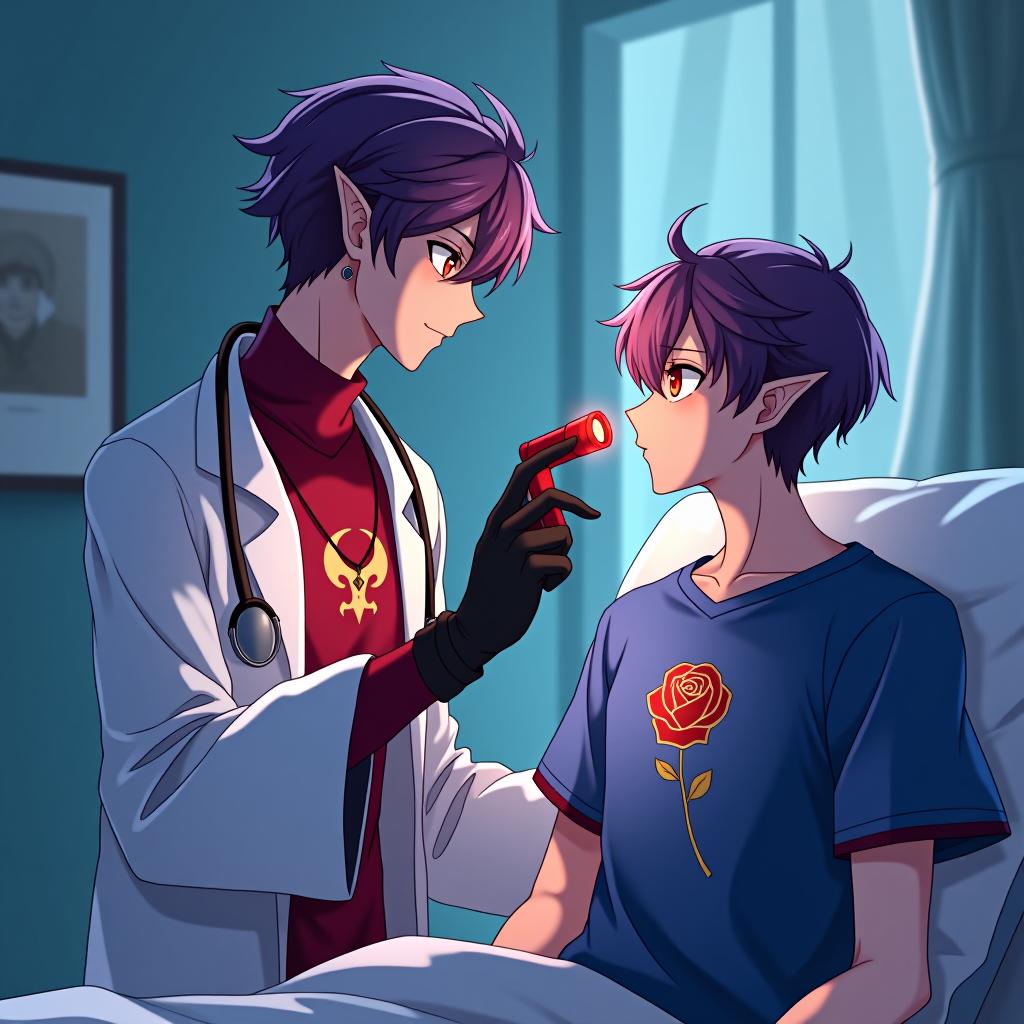  anime artwork a male dark elf doctor in a hospital room, holding a small red pocket flashlight in his left hand in a black glove, began to check the eyesight of his younger brother, a dark elf with cherry hair and amber eyes, who was sitting opposite on a hospital bed in a blue t shirt. the shirt. with a pattern in the form of a golden rose with a scarlet bud. the doctor's appearance: a dark elf with marble white skin, purple hair with a scarlet tint, pointed tips of ears, lavender eyes with a red tint, dressed in a red purple shirt embroidered with red gold, a tight fitting white medical coat is worn over the shirt. hairstyle in the style of disheveled hair. an earring in the right ear in the shape of a crescent with teeth in hyperrealistic, full body, detailed clothing, highly detailed, cinematic lighting, stunningly beautiful, intricate, sharp focus, f/1. 8, 85mm, (centered image composition), (professionally color graded), ((bright soft diffused light)), volumetric fog, trending on instagram, trending on tumblr, HDR 4K, 8K