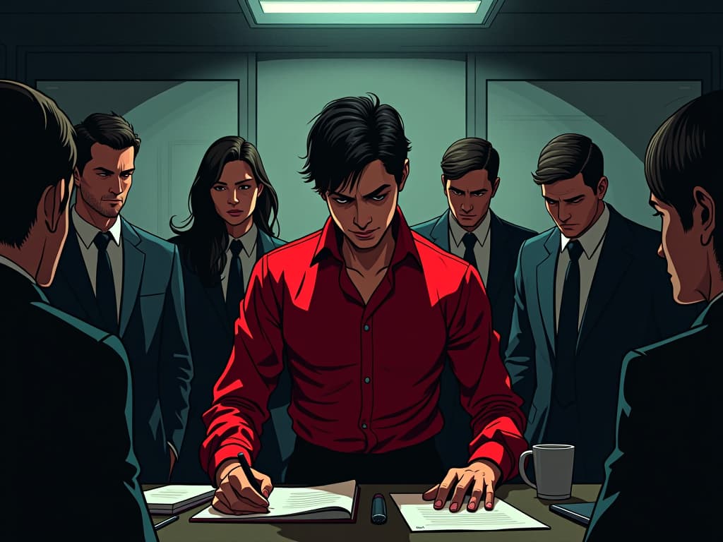  colleague in red, surrounded by disappointed coworkers, modern office, expressions of distrust, air of questioning motives. the style is digital art illustration / modern comic book / graphic dark novel fantasy and mysterious occult, symbolic, moody lighting, esoteric vibe,high detail on character design. for the color scheme emphasize blacks and reds.