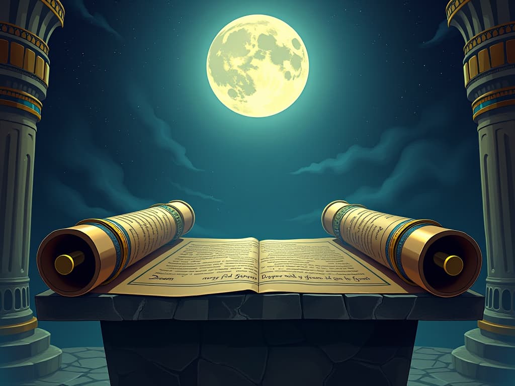  papyrus scroll unfurled on a stone table, inscribed with dreams and aspirations, under the full moon's glow, celestial light converting dreams into vivid, tangible realities. the style is digital art illustration / modern comic book / mysterious occult, symbolic, esoteric vibe,high detail on character design, incorporating ancient egyptian symbology and attire.