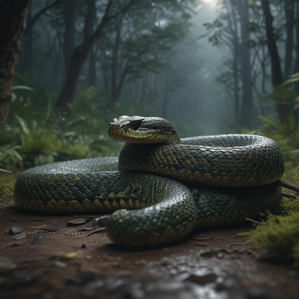 ((masterpiece)),(((best quality))), 8k, high detailed, ultra detailed,A 100 meter long snake, scales glistening in the moonlight, (forest in the background), slithering silently hyperrealistic, full body, detailed clothing, highly detailed, cinematic lighting, stunningly beautiful, intricate, sharp focus, f/1. 8, 85mm, (centered image composition), (professionally color graded), ((bright soft diffused light)), volumetric fog, trending on instagram, trending on tumblr, HDR 4K, 8K